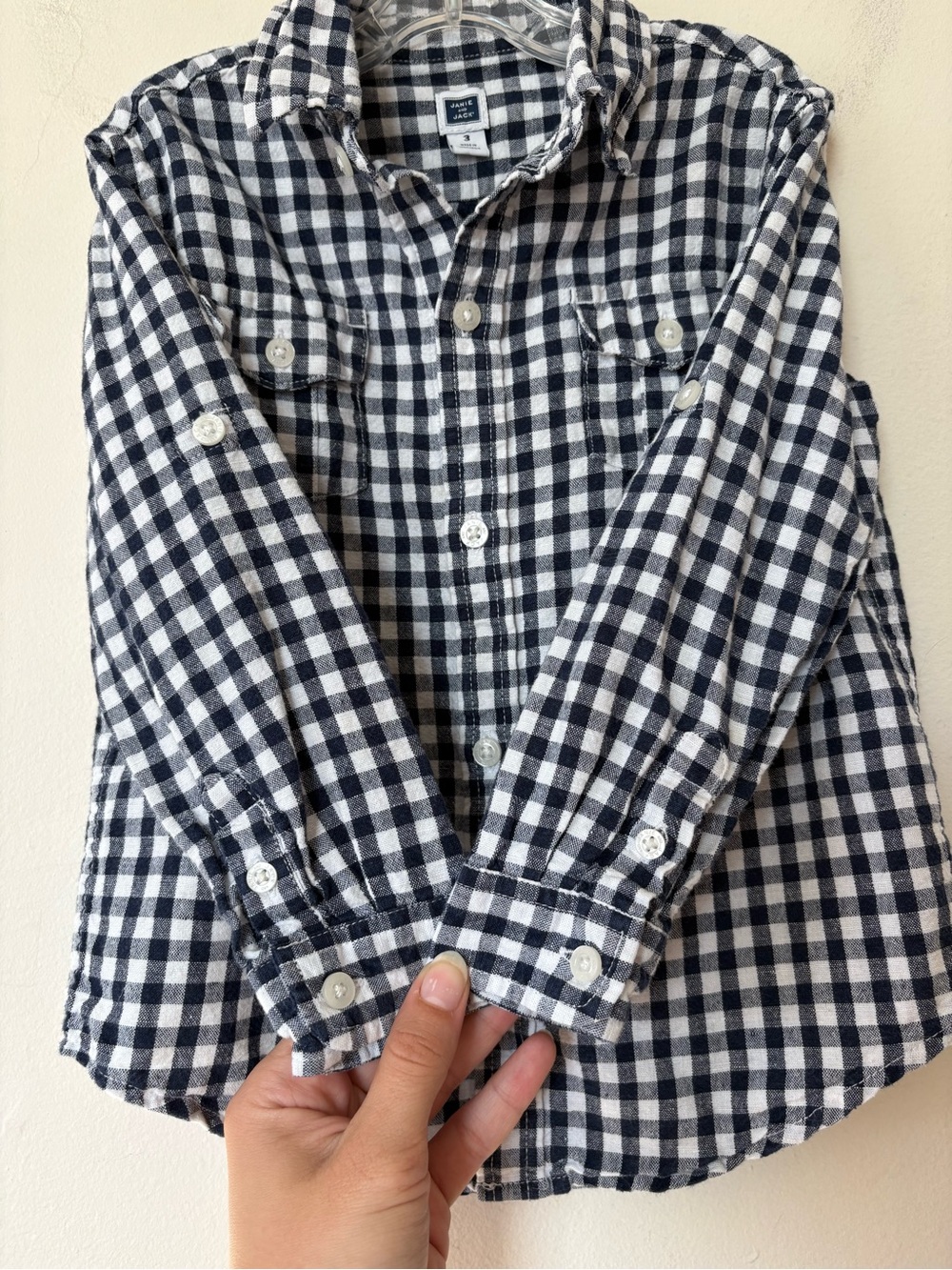 JANIE and JACK Gingham Linen/Cotton Button Down Shirt Navy Blue & White Sz 3 - Picture 6 of 11